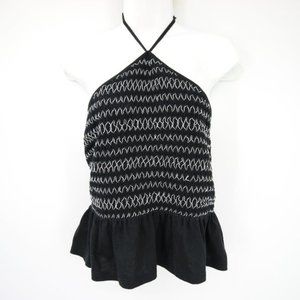 American Eagle Black White Halter Neck Ruffle Tank Top Tassel Size M